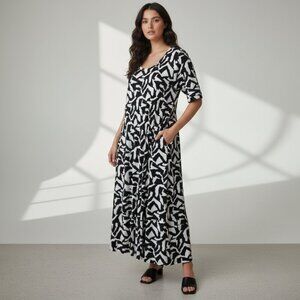 Q'Neel Nordic Design Womens 22 Scoop  Neck Abstract Print Lagenlook Midi Dress